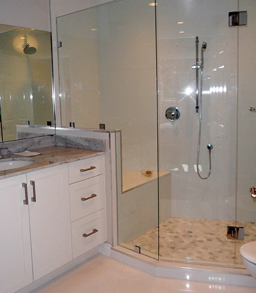 Glass shower enclosure in a residential bathroom